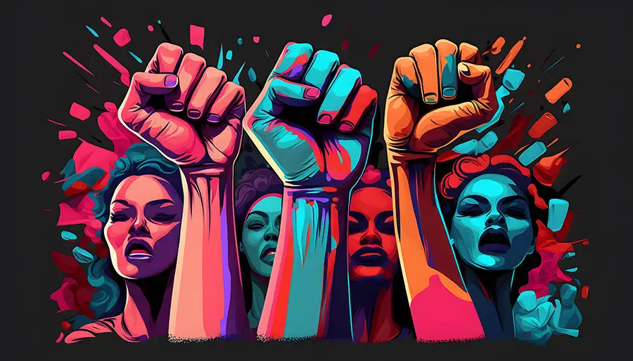 artistic image of angry women marching/protesting with power fists in the air - companion image to "Today Is The Day" a freestyle friday poem by Tamisha Hill - St. Louis