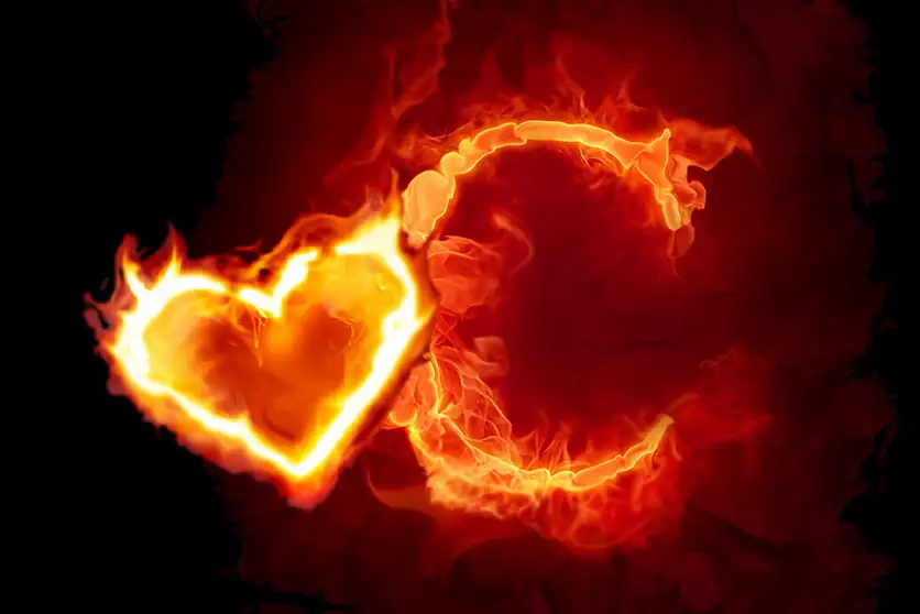 graphic of heart shape in flames, next to C shape also in flames - companion image to "Love's Chamber" a poem by Stuart Dann - St. Louis